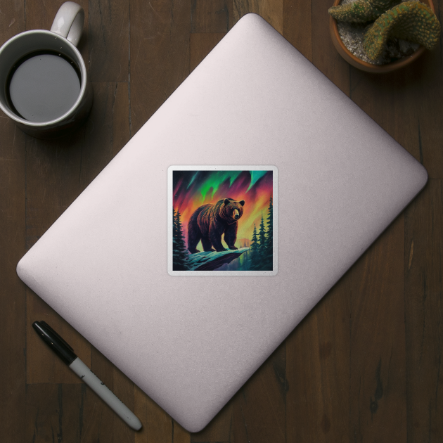 Brown Bear with Forest and Borealis, Colorful, Beautiful by BirdsnStuff